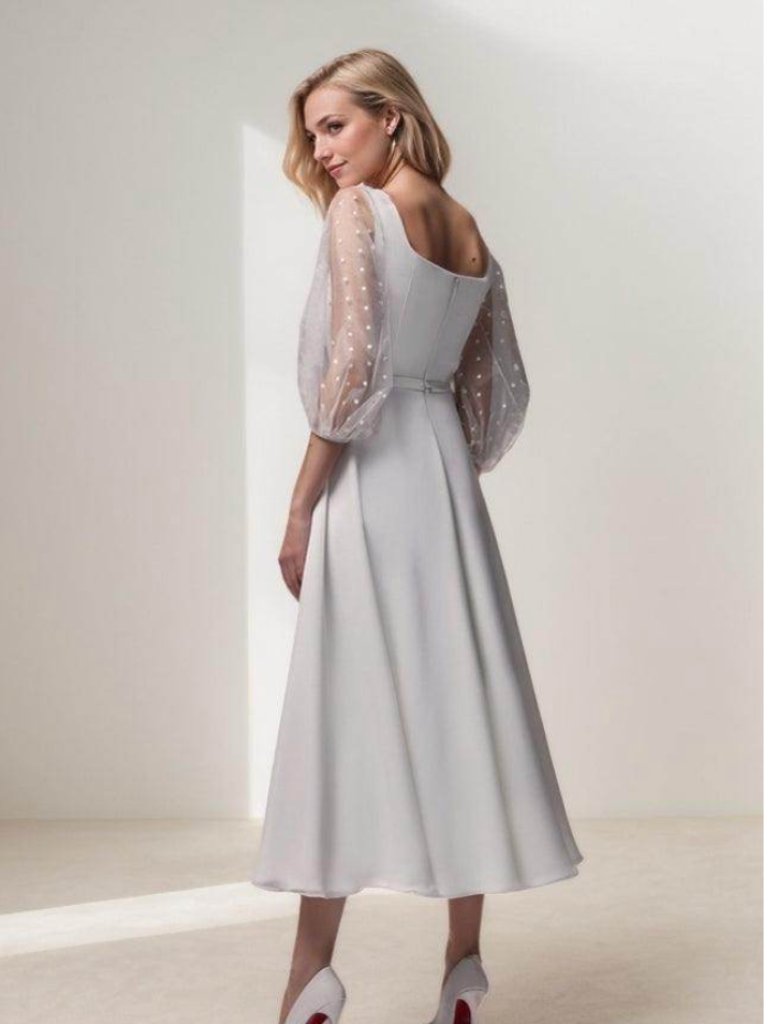 A-Line Tea Length Chiffon White (Ivory) Dress — image 2 of 5